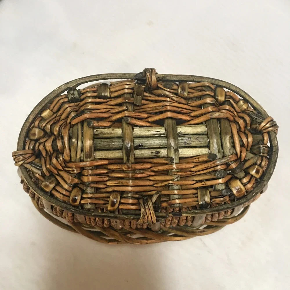 Woven Wicker Storage Basket Small Brown Oval Rustic Boho Decor Cottagecore